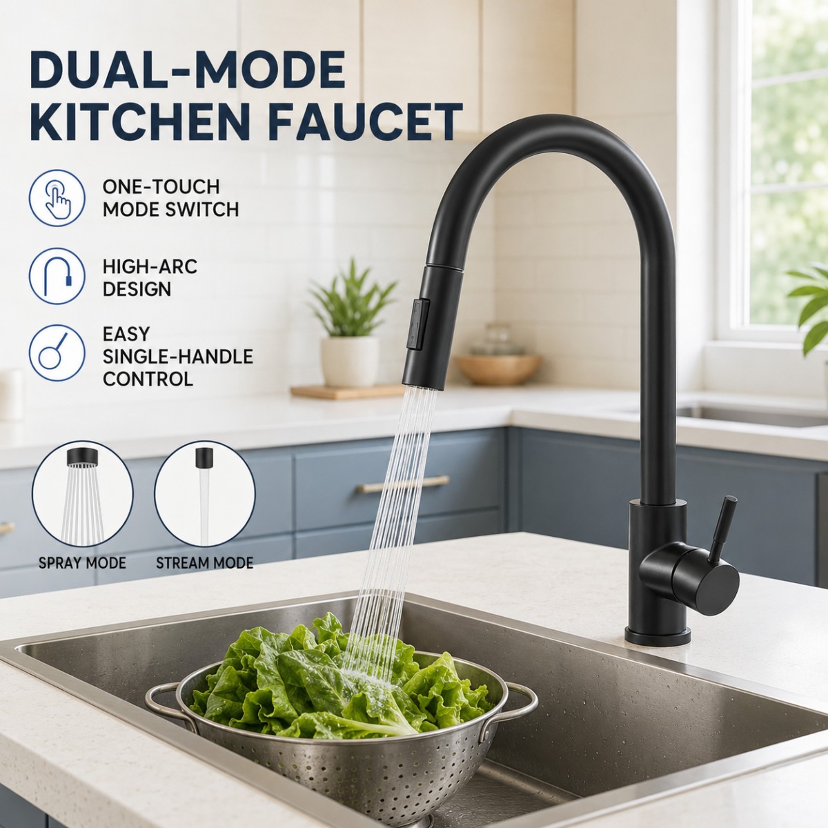 Commercial Kitchen Faucet - Siyah Mutfak Bataryası İki Fonksiyonlu Tek